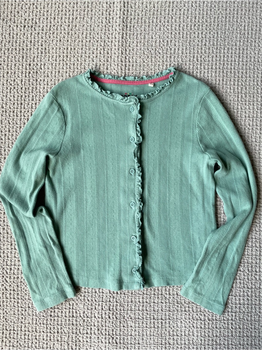 Mini Boden Girls Mint Green Ruffle Cardigan Sweater Size 9-10Y 100% Cotton